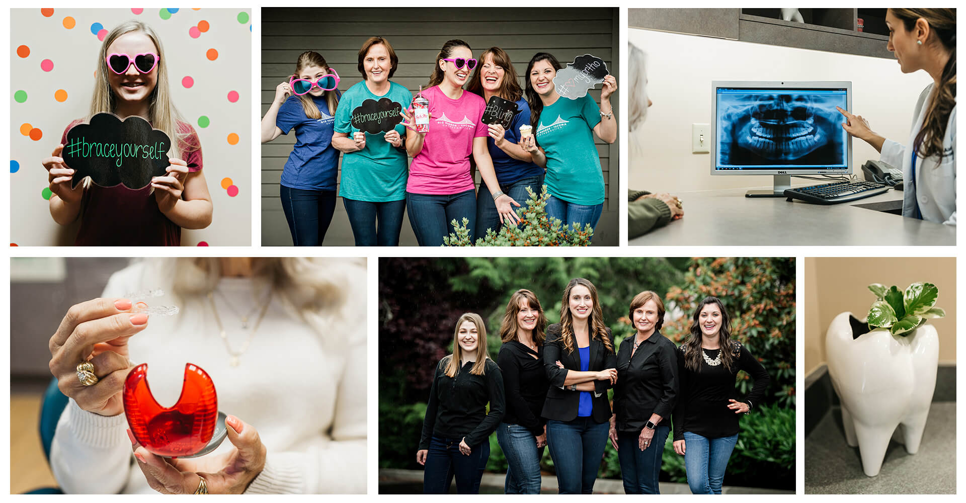 Come meet the amazing team at Gig Harbor - Tacoma Orthodontics Photo collage of Dr Patra Alatsis and her team having fun while working