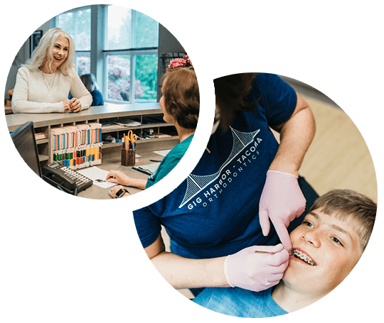 Two circle shots of Gig Harbor - Tacoma Orthodontics showing the lobby and a patient examination